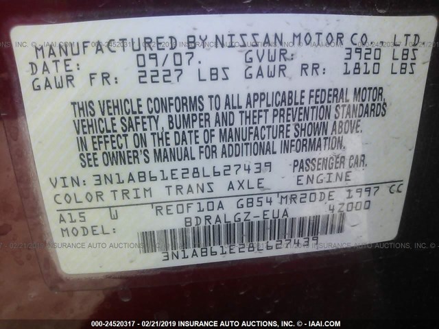 3N1AB61E28L627439 - 2008 NISSAN SENTRA 2.0/2.0S/2.0SL RED photo 9