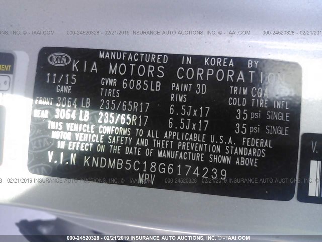 KNDMB5C18G6174239 - 2016 KIA SEDONA LX SILVER photo 9