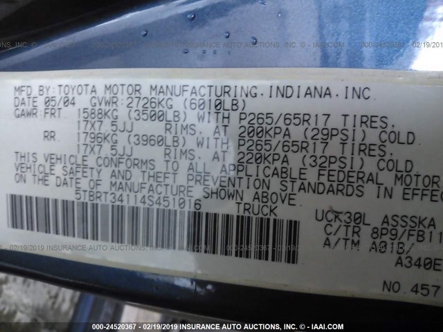 5TBRT34114S451016 - 2004 TOYOTA TUNDRA ACCESS CAB SR5 BLUE photo 9