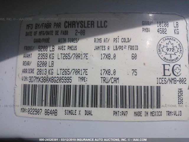 3D7MX38AX8G205995 - 2008 DODGE RAM 3500 ST/SLT Unknown photo 9