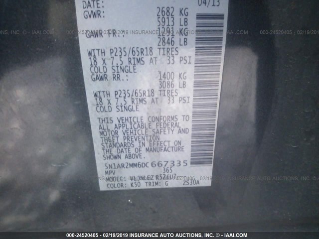 5N1AR2MM6DC667335 - 2013 NISSAN PATHFINDER S/SV/SL/PLATINUM GRAY photo 9