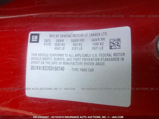 2G1FA1E37C9168740 - 2012 CHEVROLET CAMARO LS RED photo 9