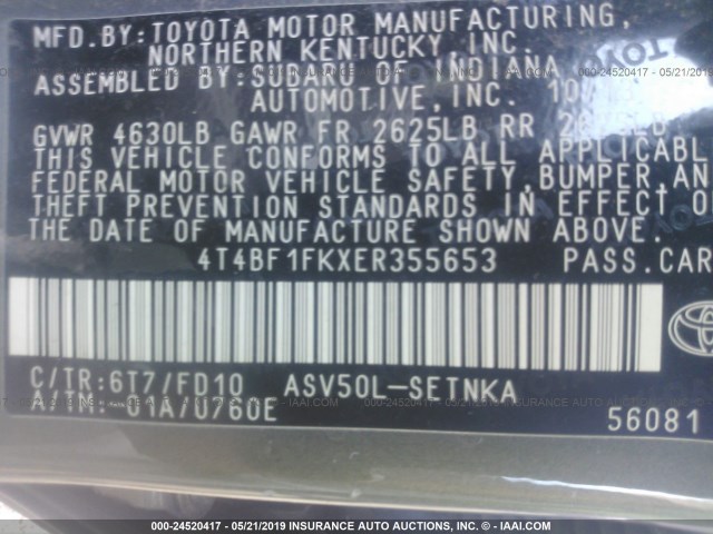 4T4BF1FKXER355653 - 2014 TOYOTA CAMRY L/SE/LE/XLE 灰色 照片 9