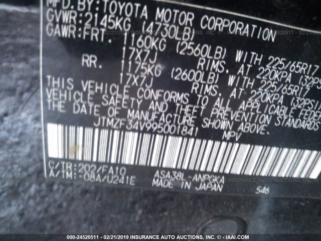 JTMZF34V995001841 - 2009 TOYOTA RAV4 LIMITED BLACK photo 9