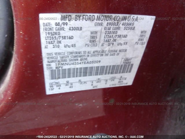 1FMNU43S4YEA05209 - 2000 FORD EXCURSION LIMITED RED photo 9