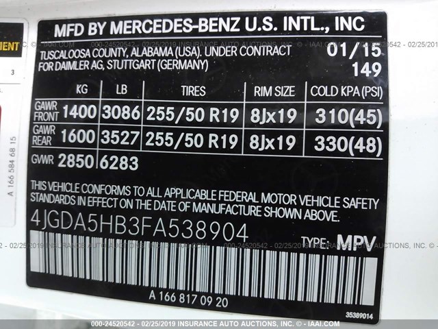 4JGDA5HB3FA538904 - 2015 MERCEDES-BENZ ML 350 4MATIC WHITE photo 9