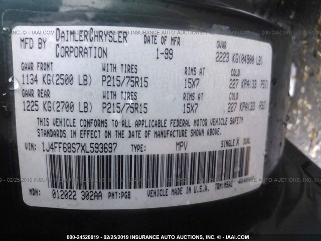 1J4FF68S7XL593697 - 1999 JEEP CHEROKEE SPORT/CLASSIC მწვანე ფოტო 9