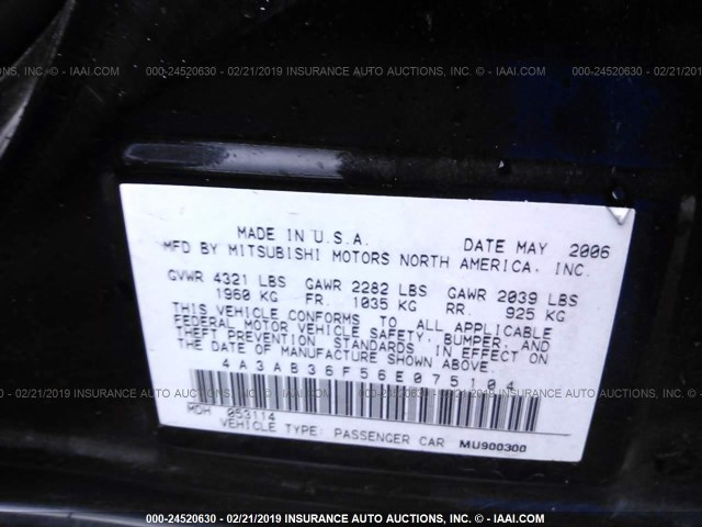 4A3AB36F56E075104 - 2006 MITSUBISHI GALANT ES MEDIUM/LS MEDIUM BLACK photo 9