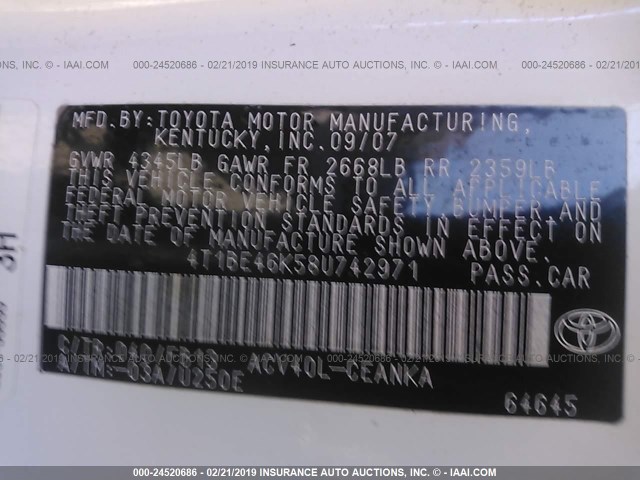 4T1BE46K58U742971 - 2008 TOYOTA CAMRY CE/LE/XLE/SE WHITE photo 9