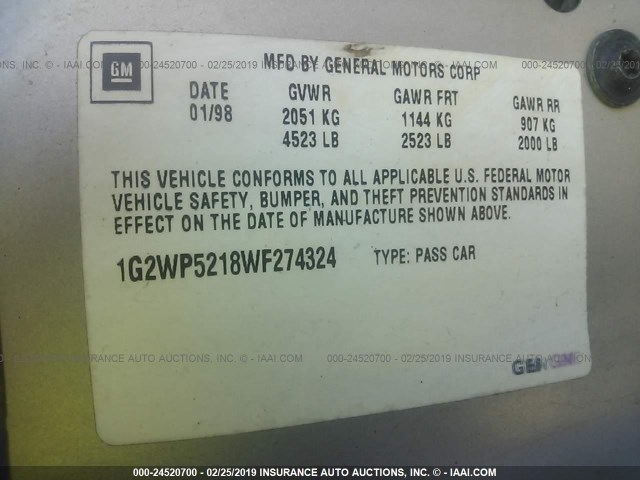 1G2WP5218WF274324 - 1998 PONTIAC GRAND PRIX GTP SILVER photo 9