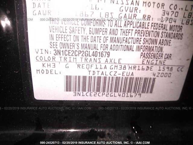 3N1CE2CP2GL401679 - 2016 NISSAN VERSA NOTE S/S PLUS/SV/SL/SR BLACK photo 9