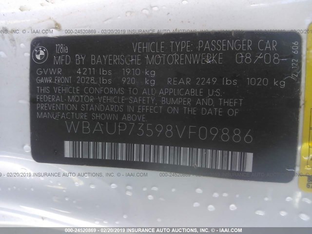 WBAUP73598VF09886 - 2008 BMW 128 I WHITE photo 9