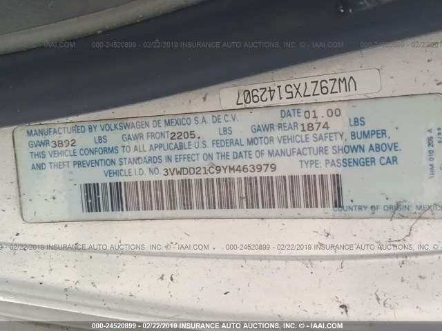 3VWDD21C9YM463979 - 2000 VOLKSWAGEN NEW BEETLE GLX 银色 照片 9