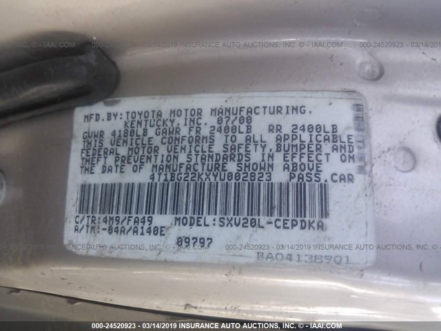 4T1BG22KXYU002823 - 2000 TOYOTA CAMRY CE/LE/XLE 棕色 照片 9