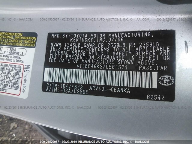 4T1BE46K27U561521 - 2007 TOYOTA CAMRY NEW GENERAT CE/LE/XLE/SE SILVER photo 9