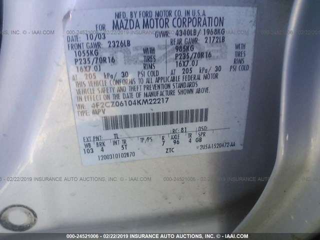 4F2CZ06104KM22217 - 2004 MAZDA TRIBUTE ES 银色 照片 9