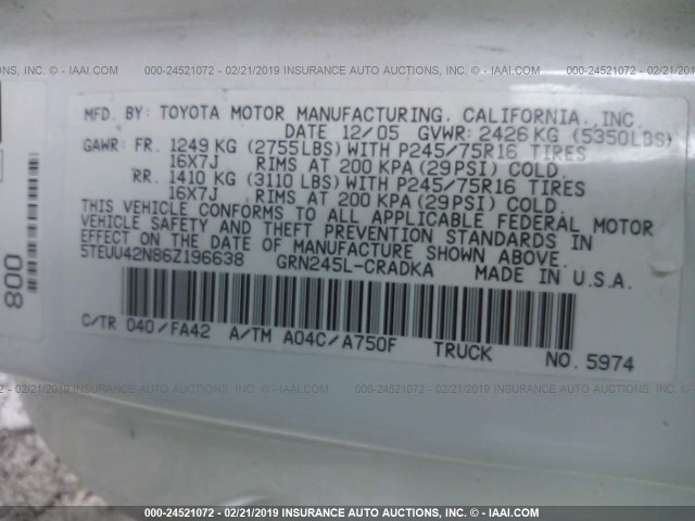 5TEUU42N86Z196638 - 2006 TOYOTA TACOMA ACCESS CAB თეთრი ფოტო 9