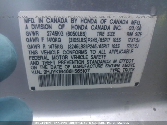 2HJYK16466H565107 - 2006 HONDA RIDGELINE RTS SILVER photo 9