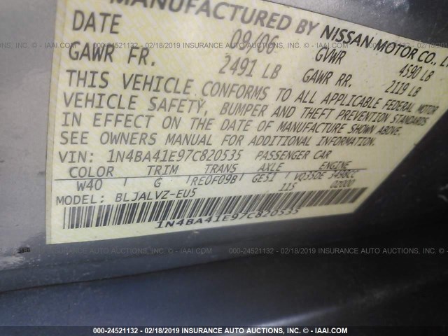 1N4BA41E97C820535 - 2007 NISSAN MAXIMA SE/SL GRAY photo 9