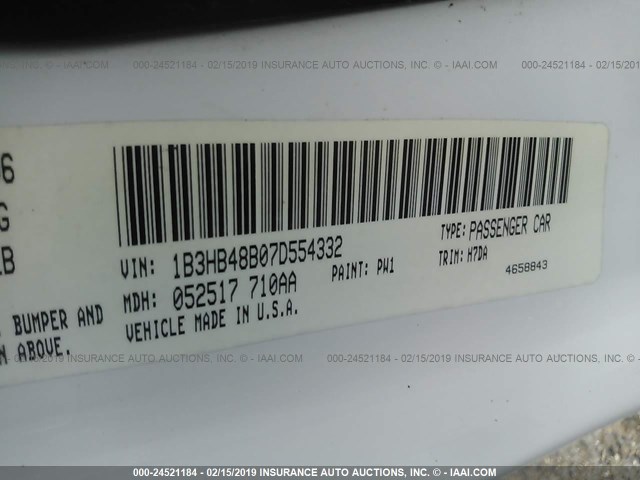 1B3HB48B07D554332 - 2007 DODGE CALIBER SXT WHITE photo 9