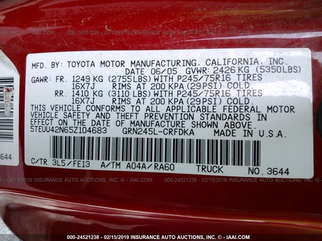 5TEUU42N65Z104683 - 2005 TOYOTA TACOMA RED photo 9