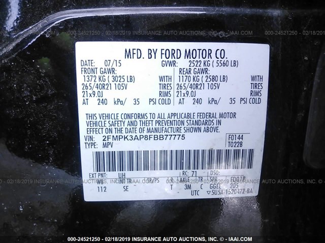 2FMPK3AP8FBB77775 - 2015 FORD EDGE SPORT BLACK photo 9