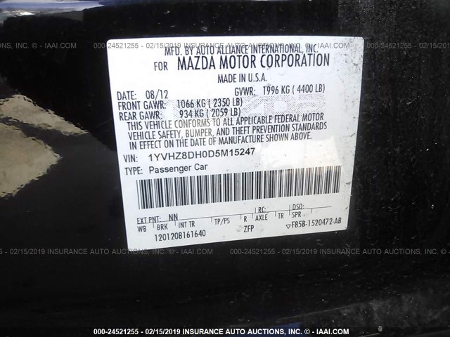 1YVHZ8DH0D5M15247 - 2013 MAZDA 6 BLACK photo 9