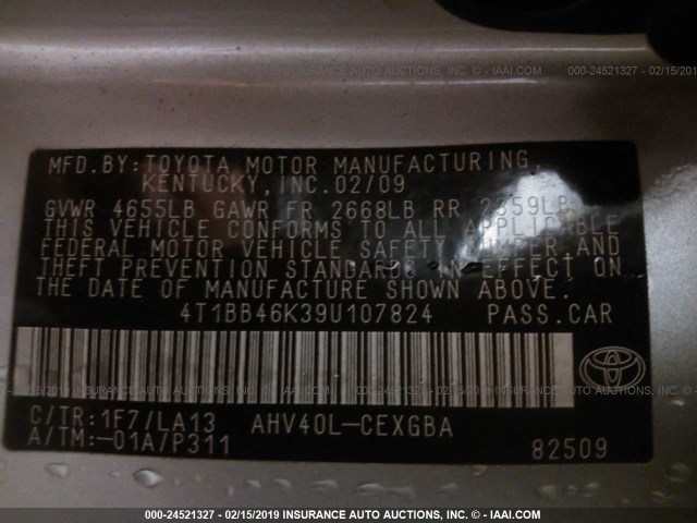 4T1BB46K39U107824 - 2009 TOYOTA CAMRY HYBRID SILVER photo 9