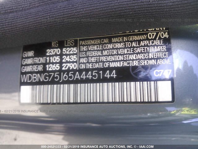 WDBNG75J65A445144 - 2005 MERCEDES-BENZ S 500 BLUE photo 9