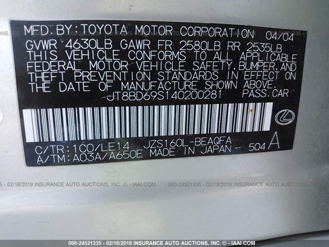 JT8BD69S140200281 - 2004 LEXUS GS 300 SILVER photo 9