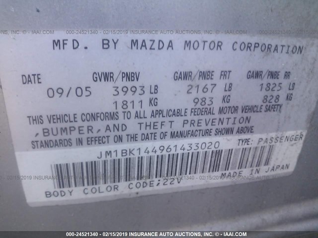 JM1BK144961433020 - 2006 MAZDA 3 HATCHBACK SILVER photo 9