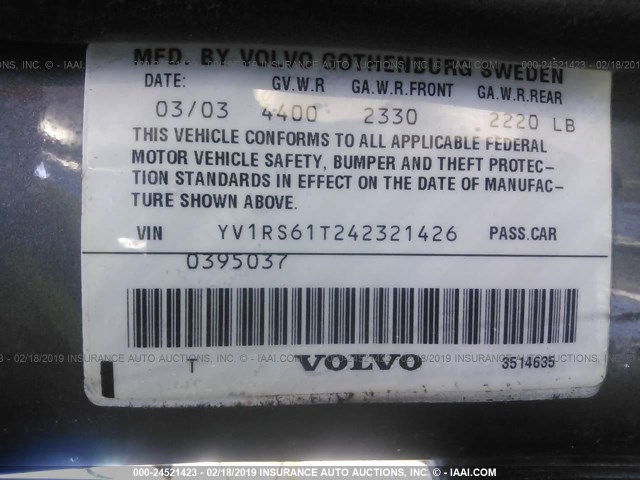 YV1RS61T242321426 - 2004 VOLVO S60 GRAY photo 9