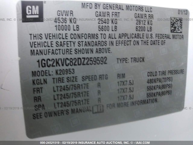 1GC2KVC82DZ259592 - 2013 CHEVROLET SILVERADO K2500 HEAVY DUTY WHITE photo 9