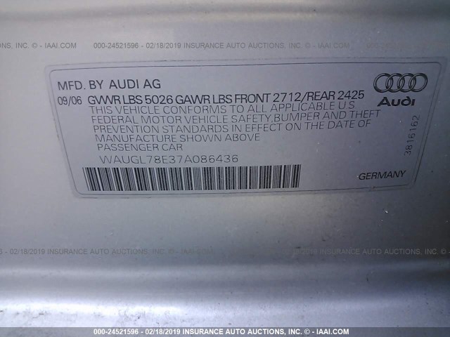 WAUGL78E37A086436 - 2007 AUDI NEW S4 QUATTRO SILVER photo 9