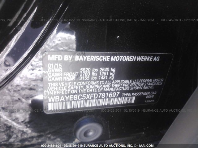 WBAYE8C5XFD781697 - 2015 BMW 750 LI BLACK photo 9