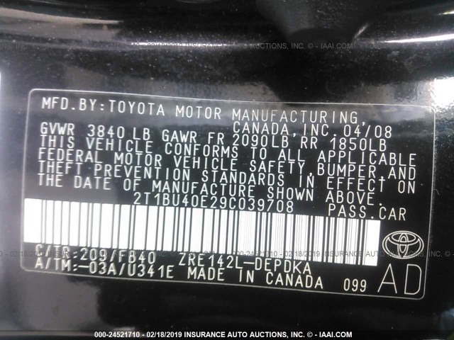 2T1BU40E29C039708 - 2009 TOYOTA COROLLA S/LE/XLE BLACK photo 9