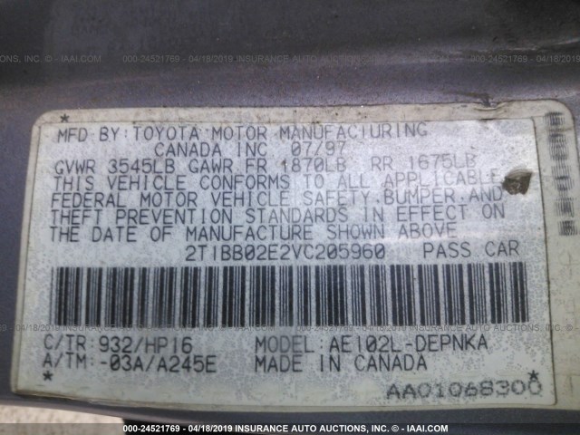 2T1BB02E2VC205960 - 1997 TOYOTA COROLLA DX GRAY photo 9