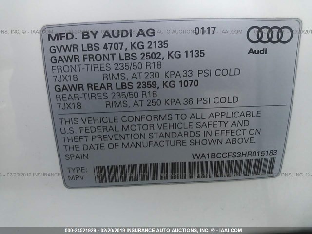 WA1BCCFS3HR015183 - 2017 AUDI Q3 PREMIUM WHITE photo 9