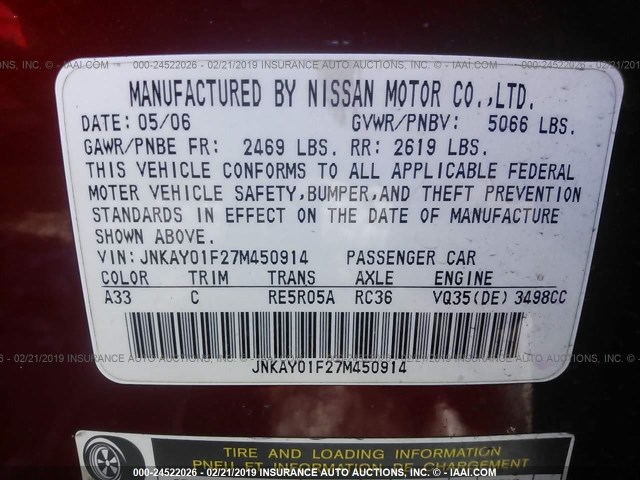 JNKAY01F27M450914 - 2007 INFINITI M35 SPORT RED photo 9