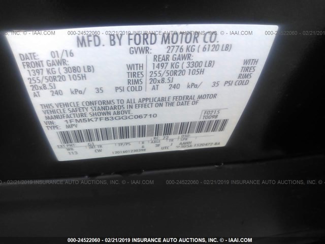 1FM5K7F83GGC06710 - 2016 FORD EXPLORER LIMITED BLACK photo 9