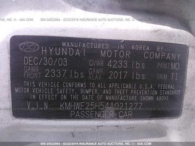 KMHWF25H54A021277 - 2004 HYUNDAI SONATA GL WHITE photo 9