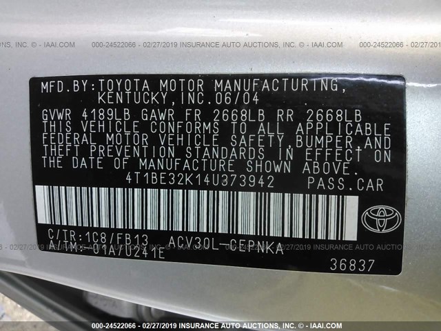 4T1BE32K14U373942 - 2004 TOYOTA CAMRY LE/XLE/SE SILVER photo 9