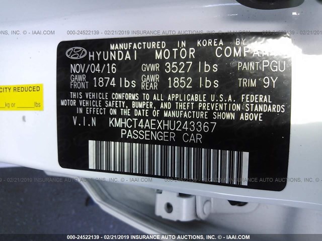 KMHCT4AEXHU243367 - 2017 HYUNDAI ACCENT SE WHITE photo 9