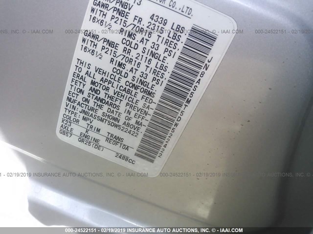 JN8AS5MT5DW522422 - 2013 NISSAN ROGUE S/SV SILVER photo 9