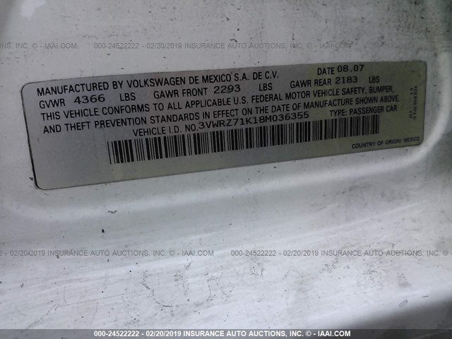 3VWRZ71K18M036355 - 2008 VOLKSWAGEN JETTA SE/SEL WHITE photo 9