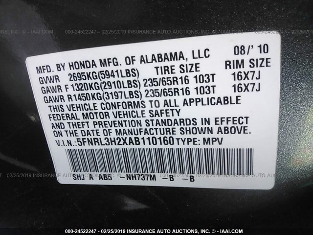 5FNRL3H2XAB110160 - 2010 HONDA ODYSSEY LX GRAY photo 9