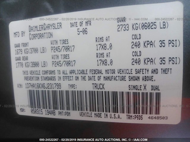 1D7HA16KX6J231799 - 2006 DODGE RAM 1500 ST GRAY photo 9