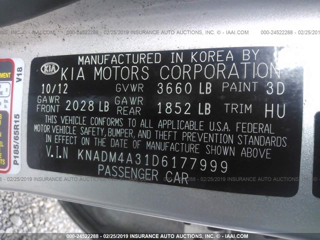 KNADM4A31D6177999 - 2013 KIA RIO LX SILVER photo 9