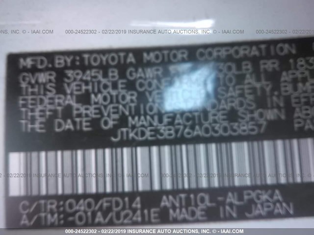 JTKDE3B76A0303857 - 2010 TOYOTA SCION TC WHITE photo 9