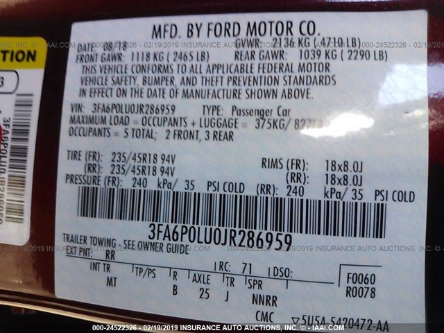 3FA6P0LU0JR286959 - 2018 FORD FUSION SE HYBRID RED photo 9